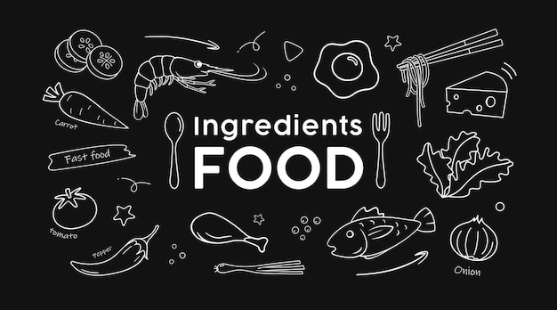 Ingredientes alimentarios de dibujo vectorial en blanco y negro sobre fondo negro ilustración