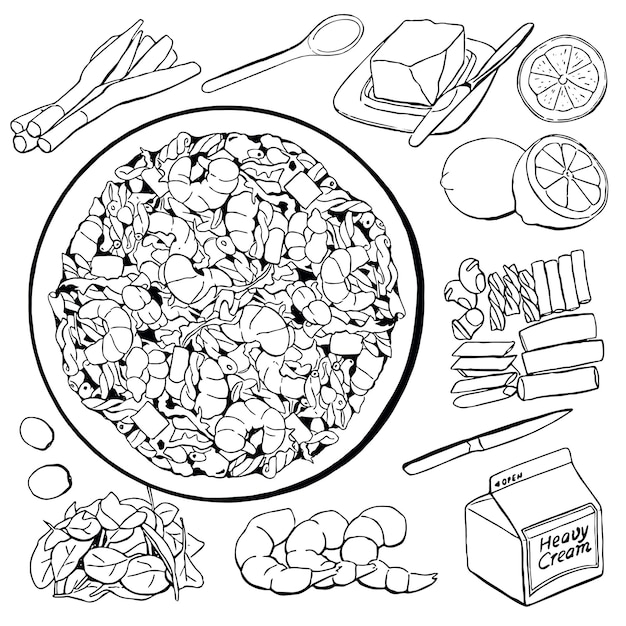 Ingredientes alimenticios para la cocina de la pasta de camarón Conjunto de ilustraciones de bocetos vectoriales de recetas