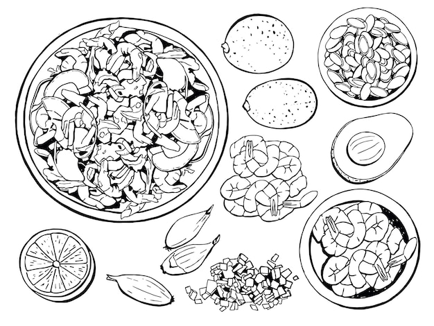 Ingredientes alimenticios para cocinar receta conjunto de ilustraciones de bocetos vectoriales