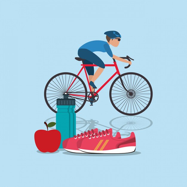 ingredientes de alimentos saludables e imagen de los iconos de ciclista
