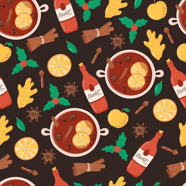 Ingredientes de bebida caliente de Navidad de patrones sin fisuras de vino caliente