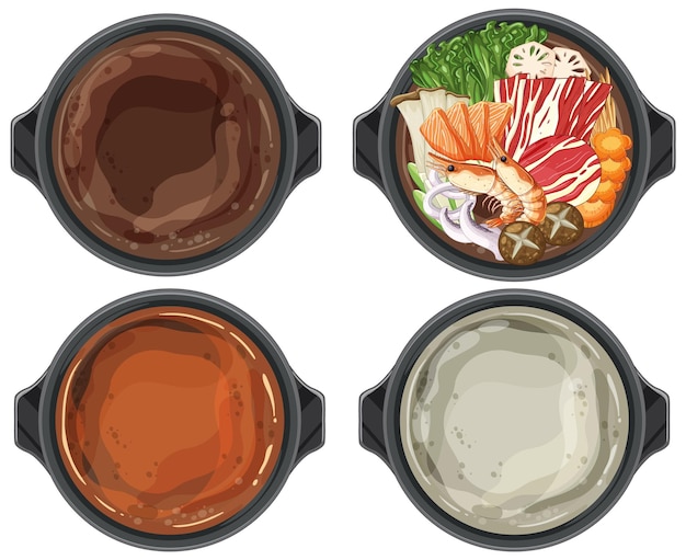 Ingredientes y caldos coloridos de las ollas calientes asiáticas