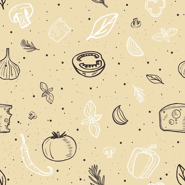Ingredientes cocina italiana dibujado a mano estilo Doodle línea delgada patrón sin costura vector de fondo