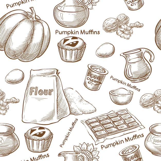 Vector ingredientes de comida tradicional de halloween muffins de calabaza sin costuras