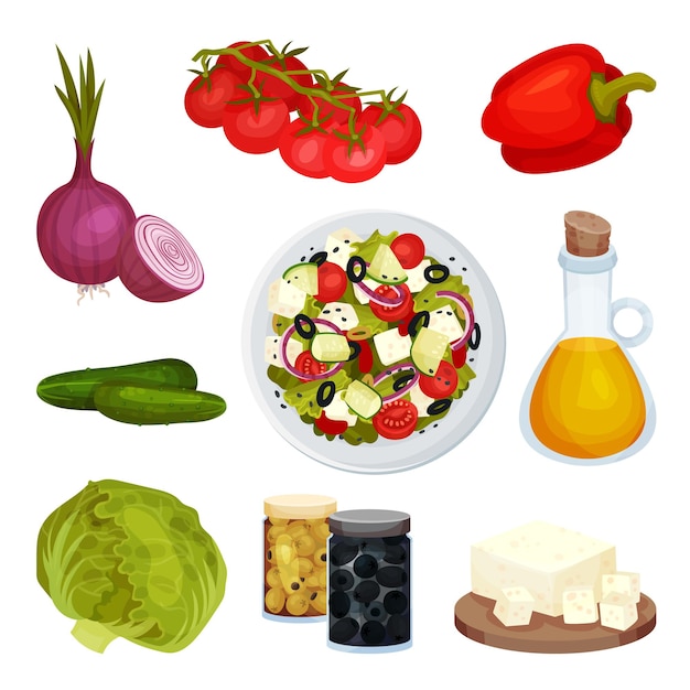 Ingredientes de ensalada griega Conjunto vectorial Receta de ensalada vegetariana Concepto de alimentos orgánicos frescos
