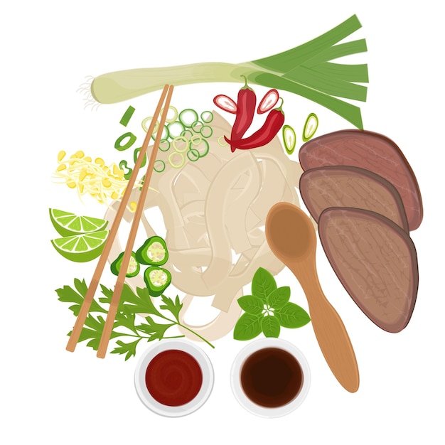 Ingredientes de fideos de arroz vietnamitas con fideos de carne de res Pho o Pho bo