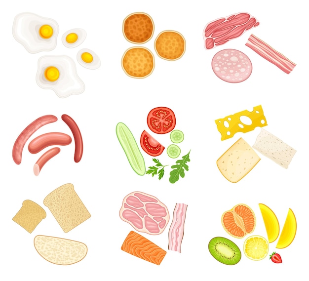 Ingredientes flotantes para el desayuno con rebanadas de pan, verduras y set vectorial de tocino