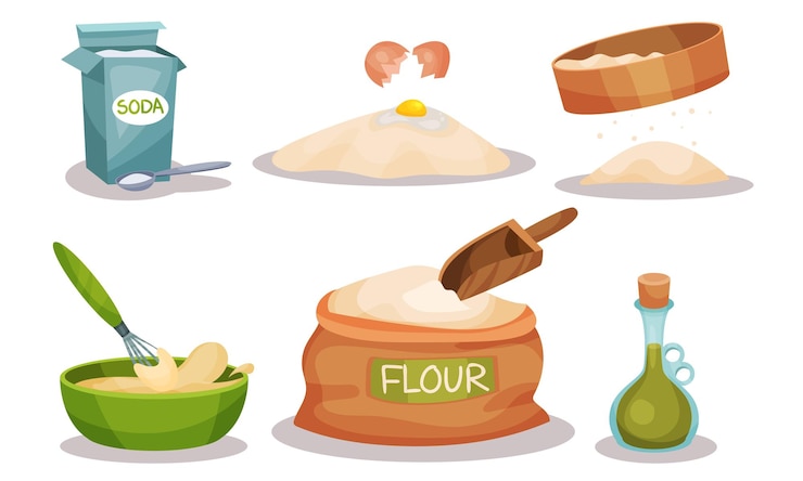 Vector ingredientes de horneado al estilo de dibujos animados conjunto de iconos de alimentos vectoriales colección de objetos planos de volumen