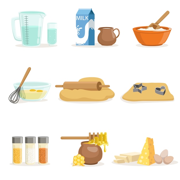 Ingredientes para hornear y utensilios de cocina y utensilios Conjunto de ilustraciones realistas de dibujos animados con objetos relacionados con la cocina