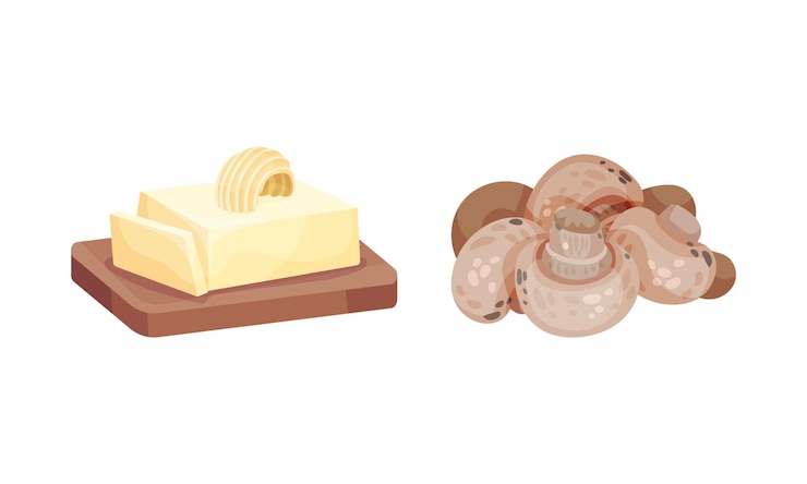 Vector ingredientes para el juego de cocina de risotto set champignon setas y ilustración vectorial de mantequilla