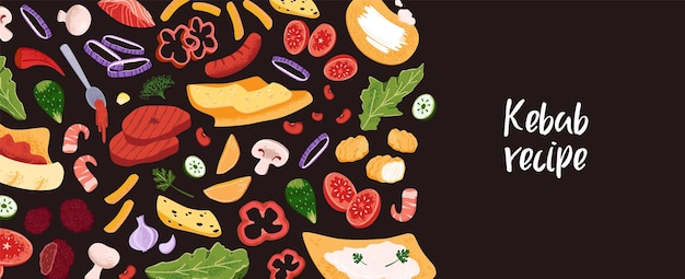 Ingredientes de kebab Doner verduras en fondo negro Bandeira horizontal publicitaria de shawarma shawerma Cubierta de comida rápida con lugar para el texto Menú de restaurante de comida rápida Ilustración vectorial plana