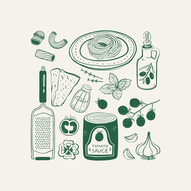 Ingredientes para la pasta Set de comida italiana Estilo vintage