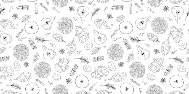 Ingredientes del patrón para la bebida de vino vino caliente Iconos de línea especias frutas Fondo repetitivo