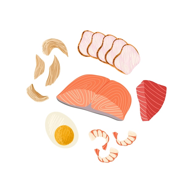 Ingredientes proteicos tradicionales del conjunto de vectores de alimentos asiáticos. carne de pescado y huevos aislados en blanco.
