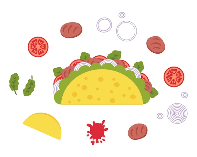 Vector ingredientes de receta de taco de comida rápida mexicana carne asada perfecto para menú de pegatinas y papelería ilustración vectorial aislada para decoración y diseño