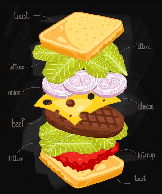 Vector ingredientes sandwich en pizarra