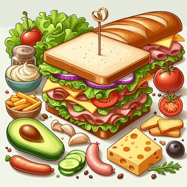 Vector ingredientes de sándwiches aislados sobre un fondo blanco ilustración vectorial en estilo plano