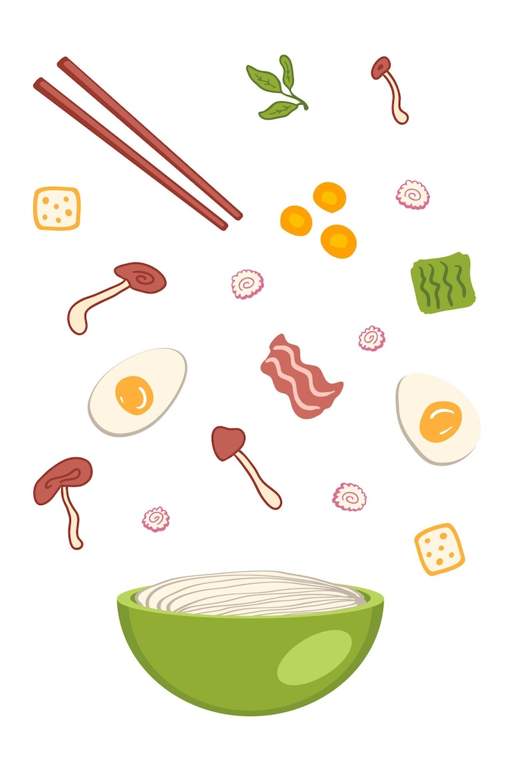 Vector ingredientes de sopa de ramen asiático shiitake que caen en un tazón de fideos perfecto para el menú de pegatinas y papelería ilustración vectorial para decoración y diseño