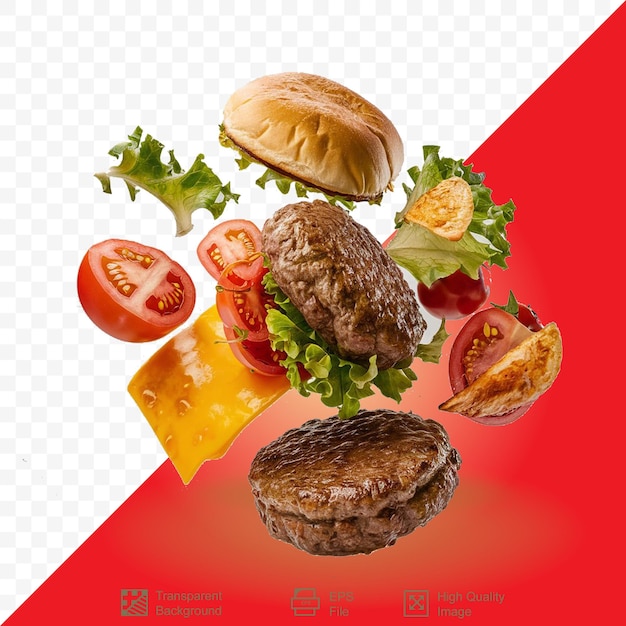 Ingredientes voladores hamburguesa fondo aislado