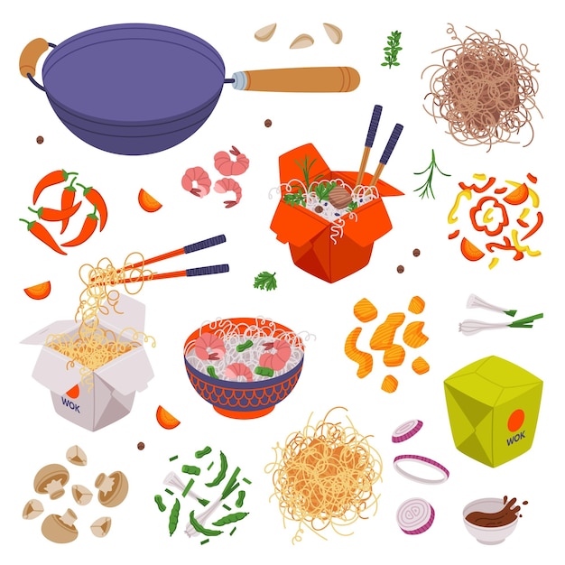 Ingredientes de Wok y comida asiática para freír con fideos, salsa de soja y palillos vectoriales