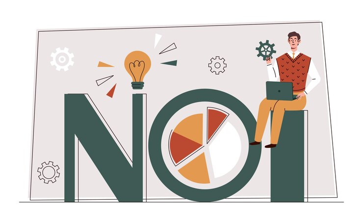 Vector ingreso operativo neto joven con computadora portátil sentado en pilares de gráficos y gráficos tecnologías y métodos modernos para evaluar la eficiencia empleado y negocio ilustración vectorial plana de dibujos animados