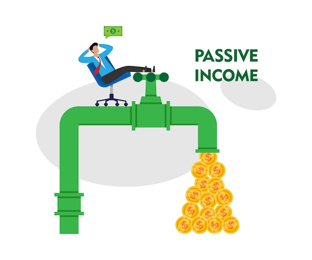 Ingresos pasivos para lograr la libertad financiera Ganar dinero Aumento de la riqueza sin concepto de salario Empresario relajado sentado en una silla y ver el flujo de dinero Ilustración vectorial plana 2d