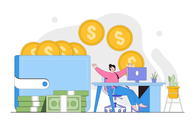 Ingresos pasivos salario de Internet ganar dinero concepto Mujer que recibe pago por trabajo en línea Estilo de diseño de esquema ilustración vectorial mínima para página de inicio banner web infografía imágenes de héroe