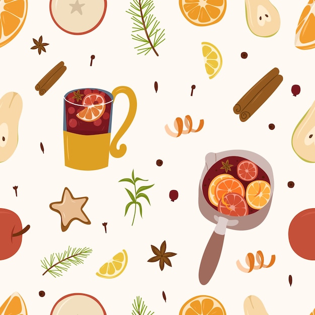 Ingridients vino caliente de patrones sin fisuras. Elementos de diseño de bebida caliente Ilustración de dibujos animados de vector.