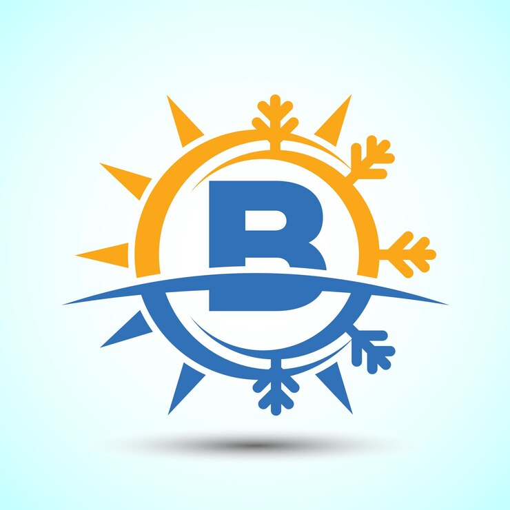 Vector la inicial del alfabeto b con el sol y la nieve abstractos el signo del logotipo del aire acondicionado símbolo de calor y frío