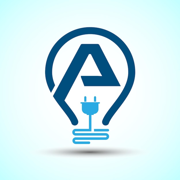 Inicial alfabeto A con una bombilla eléctrica y enchufe plantilla de diseño de logotipo de electricidad