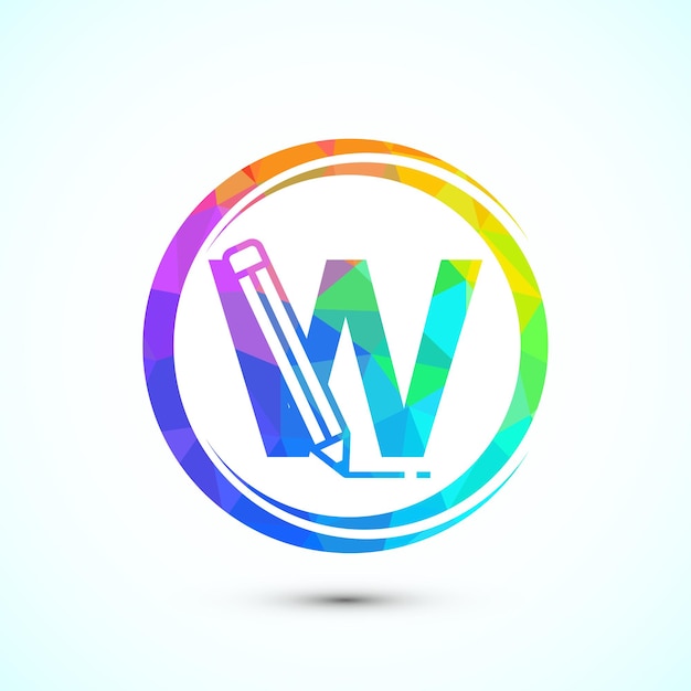 La inicial del alfabeto W con un icono de lápiz Logotipo para educación estudiante o identidad corporativa estilo low poly