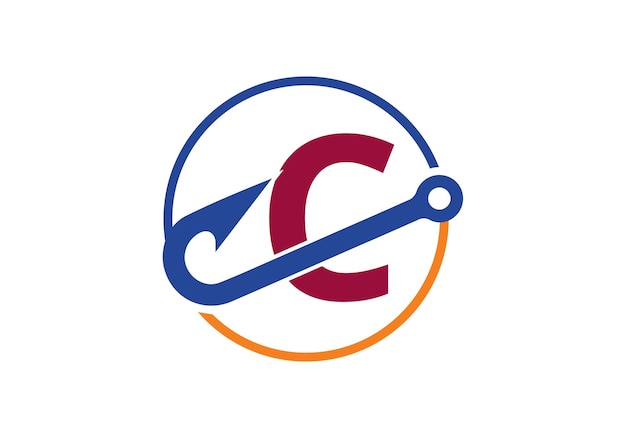 Inicial C monograma letra alfabeto con gancho de pesca Ilustración vectorial del concepto del logotipo de pesca