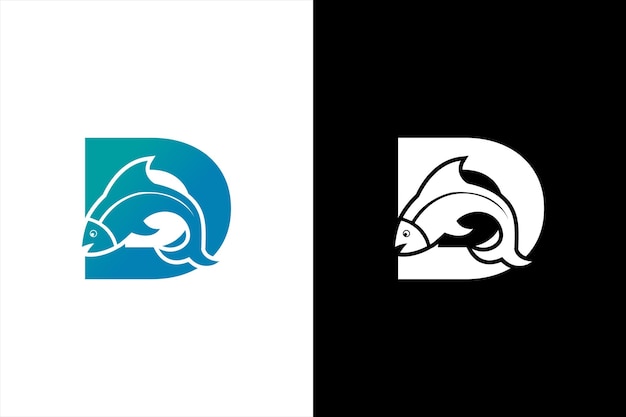 Inicial letra D Diseño del logotipo de pescado Ícono vectorial Emblema gráfico Ilustración Ícono del logotipo de la marca de palabras