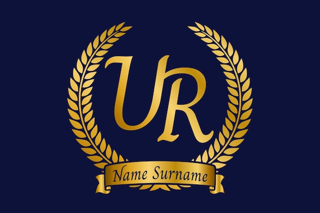 Inicial letra U y R UR monograma diseño del logotipo con corona de laurel fuente de caligrafía dorada de lujo