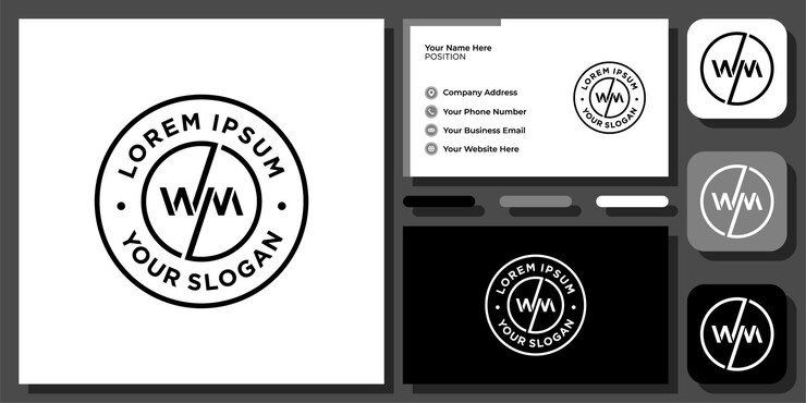 Vector iniciales carta wm o wm círculo etiqueta insignia sello emblema vector diseño de logotipo con tarjeta de visita