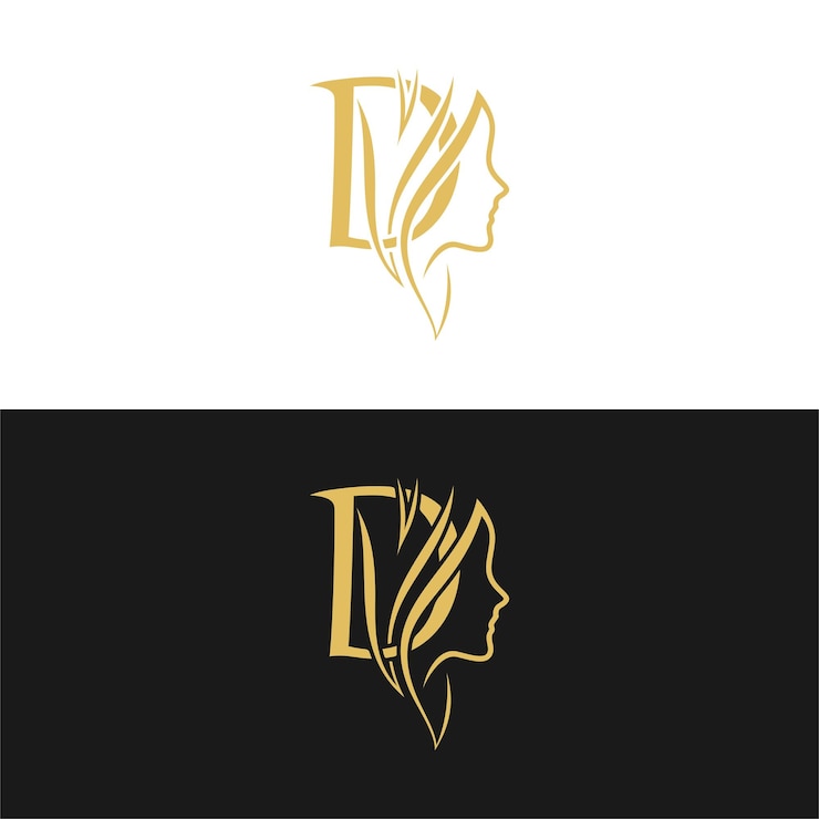 Vector iniciales de color dorado combinadas con un rostro femenino que indica uso de belleza para el negocio de peluquería de salón