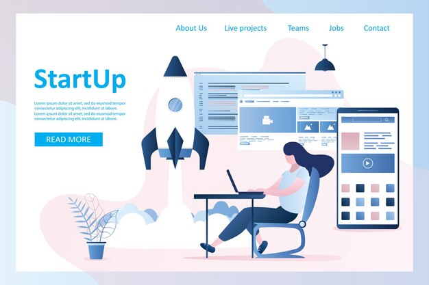 Inicie el programador de la niña del despegue de la página de destino con el software de la aplicación del teléfono móvil de la computadora portátil