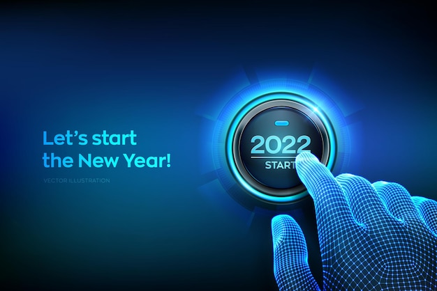 Inicio de 2022. Dedo a punto de presionar un botón con el texto 2022 start. Feliz Año Nuevo. Año nuevo dos mil veintiuno viene concepto. Ilustración vectorial.