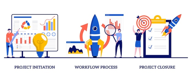 Inicio y cierre del proyecto, concepto de proceso de flujo de trabajo con personas pequeñas