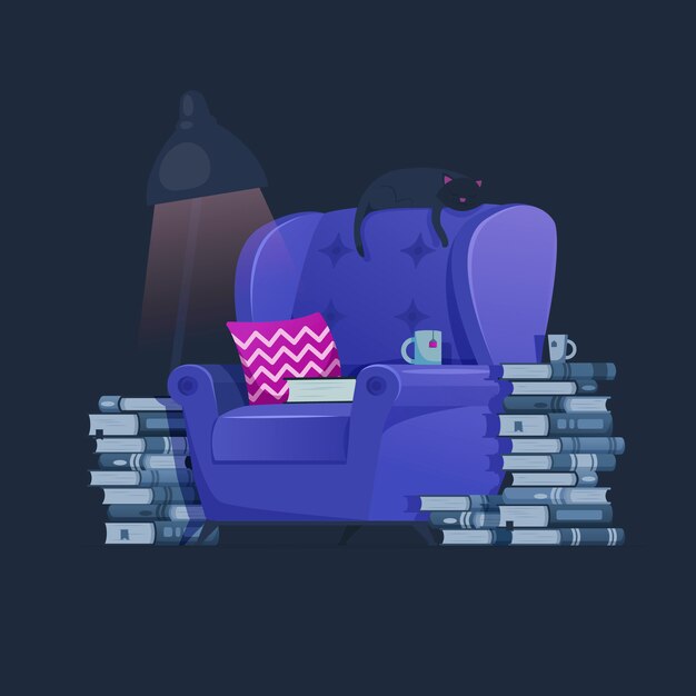 Inicio habitación linda ilustración. Concepto de amante de los libros. Muebles de sala sillón con libros y personaje de gato acostado y descansando en el sillón. Gato soñando.