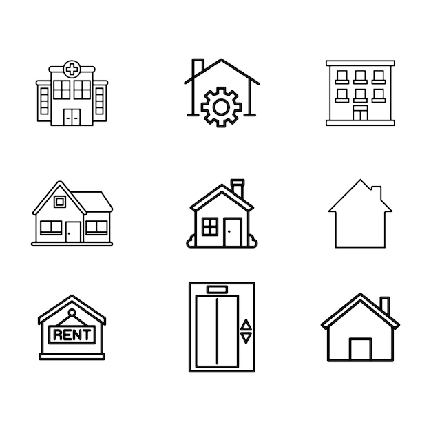 Inicio Icon Set Line Art Silueta vectorial con fondo blanco