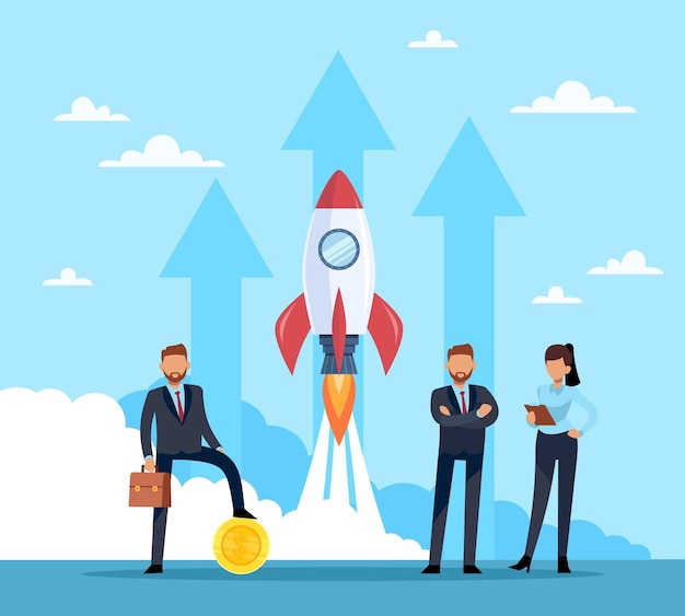 Inicio de negocios con un equipo exitoso Lanzamiento de cohetes en el espacio Grupo de personas con inicio líder que financia nuevas tecnologías creativas o proyecto Concepto de trabajo en equipo aislado de Vector