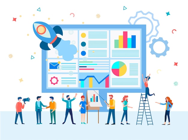 Inicio de negocios un equipo de gerentes y comercializadores de la empresa desarrollan negocios efectivos