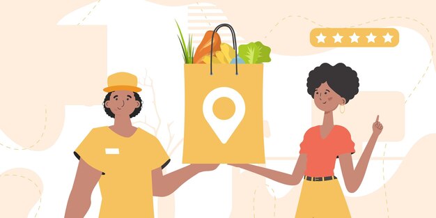 Inicio productos Entrega de comida Un mensajero entrega un paquete de productos estilo moderno Vector