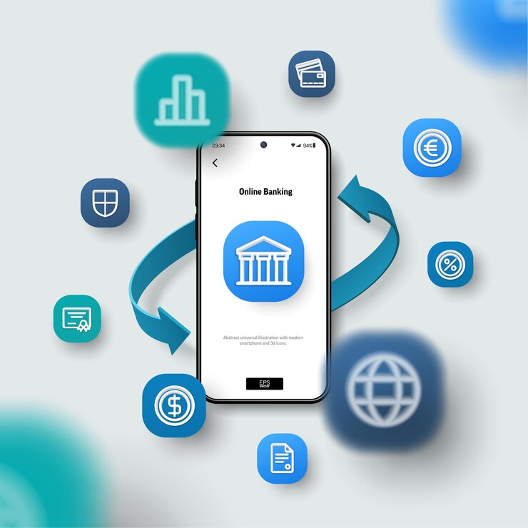 Vector el inicio de sesión del banco en línea protege la tecnología del concepto de pago de seguridad de la billetera inteligente las flechas de los iconos 3d de smartphone vuelan sobre la pantalla diseño de aplicaciones de finanzas comerciales vector