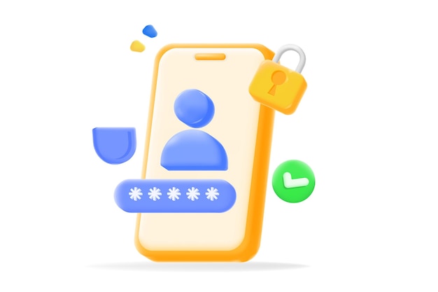 inicio de sesión de seguridad del usuario para la contraseña del teléfono inteligente icono de bloqueo y marca de verificación vector 3D