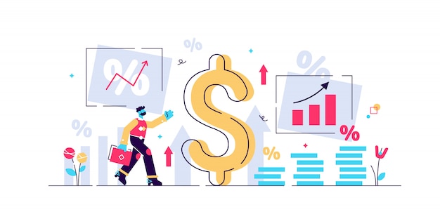 Inion ilustración. concepto de persona pequeña con término de economía básica. Recesión del valor monetario y proceso de aumento de precios. Crisis de riesgo del mercado financiero en porcentaje. Valor nominal inestable