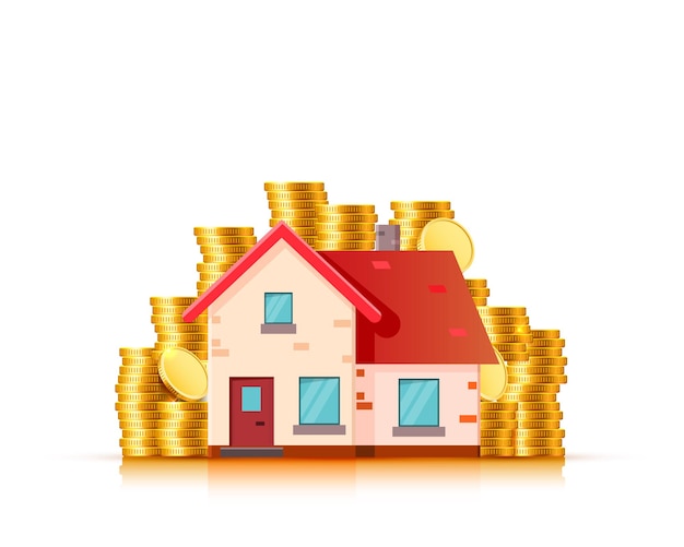 Inmobiliaria financiera, monedas de oro y casa. Ilustración vectorial