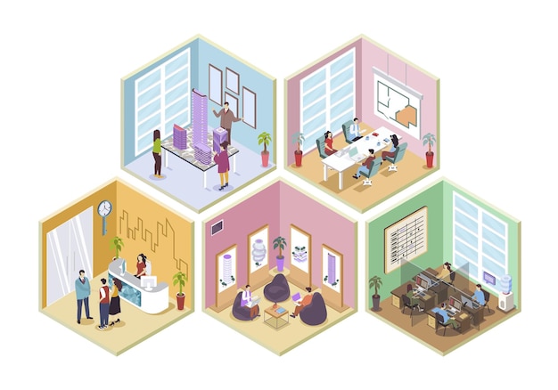 Inmobiliario 3d salas isométricas concepto en isometría diseño gráfico para la web Personas que trabajan en la oficina y el departamento de ventas creando proyectos de arquitectura clientes con agente inmobiliario Ilustración vectorial