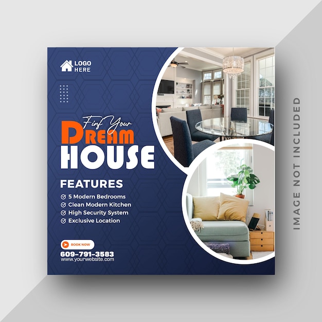Inmobiliario cuadrado publicación en las redes sociales o venta de la casa de los sueños promoción de la propiedad diseño de plantilla de banner web